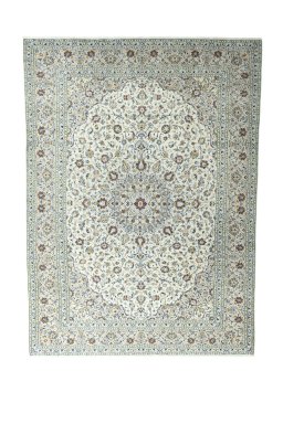Full view of 2000s Kashan rug from Iran / Persia, 403 × 295 cm in Beige tones