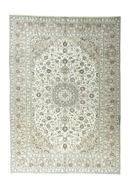 Full view of 2000s Kashan rug from Iran / Persia, 351 × 251 cm in Beige tones