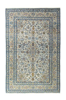 Full view of 2000s Kashan rug from Iran / Persia, 371 × 245 cm in Beige tones