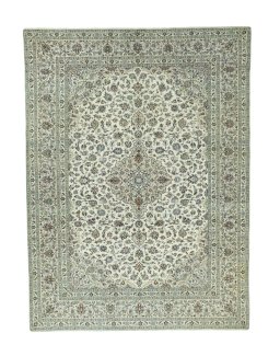 Full view of 2000s Kashan rug from Iran / Persia, 407 × 303 cm in Beige tones