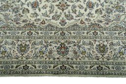Full view of 2000s Kashan rug from Iran / Persia, 407 × 303 cm in Beige tones