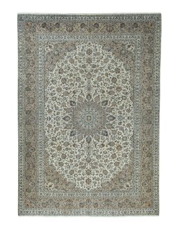 Full view of 2000s Kashan rug from Iran / Persia, 418 × 295 cm in Beige tones
