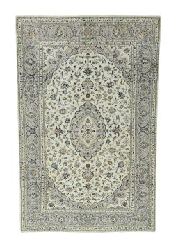 Full view of 2000s Kashan rug from Iran / Persia, 302 × 196 cm in Beige tones