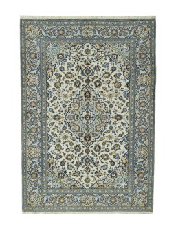 Full view of 2000s Kashan rug from Iran / Persia, 290 × 200 cm in Beige tones