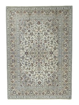 Full view of 2000s Kashan rug from Iran / Persia, 351 × 250 cm in Beige tones