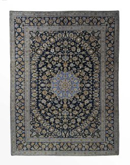 Full view of 2000s Kashan rug from Iran / Persia, 408 × 306 cm in Blue tones