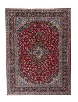 Full view of 2000s Kashan rug from Iran / Persia, 403 × 305 cm in Red tones