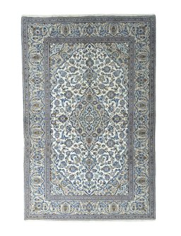 Full view of 2000s Kashan rug from Iran / Persia, 300 × 195 cm in Beige tones