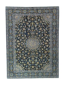 Full view of 2000s Kashan rug from Iran / Persia, 377 × 280 cm in Blue tones