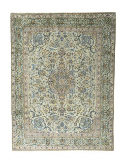 Full view of 2000s Kashan rug from Iran / Persia, 393 × 295 cm in Green tones