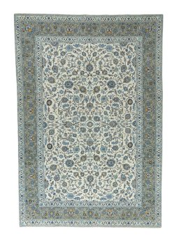 Full view of 2000s Kashan rug from Iran / Persia, 399 × 271 cm in Beige tones