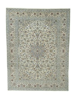 Full view of 2000s Kashan rug from Iran / Persia, 392 × 296 cm in Beige tones