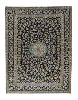 Full view of 2000s Kashan rug from Iran / Persia, 405 × 311 cm in Blue tones