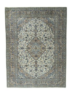 Full view of 2000s Kashan rug from Iran / Persia, 400 × 302 cm in Beige tones
