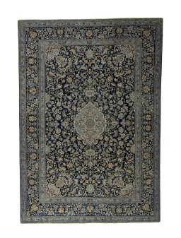 Full view of 2000s Kashan rug from Iran / Persia, 405 × 282 cm in Blue tones