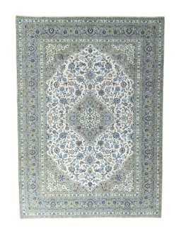 Full view of 2000s Kashan rug from Iran / Persia, 342 × 250 cm in Beige tones