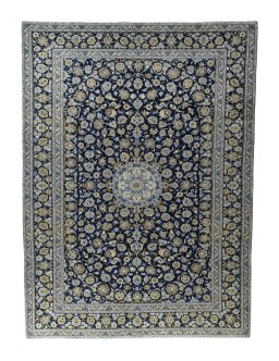 Full view of 2000s Kashan rug from Iran / Persia, 421 × 310 cm in Blue tones