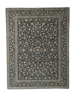 Full view of 2000s Kashan rug from Iran / Persia, 405 × 313 cm in Blue tones