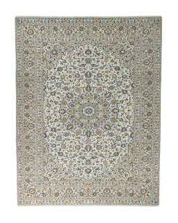 Full view of 2000s Kashan rug from Iran / Persia, 390 × 302 cm in Beige tones