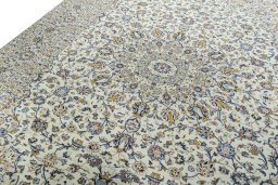 Backside of handmade 2000s Kashan rug showing knot structure and weave density