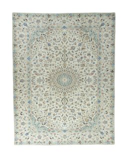 Full view of New Kashan rug from Iran / Persia, 380 × 295 cm in Beige tones