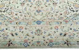 Full view of New Kashan rug from Iran / Persia, 380 × 295 cm in Beige tones