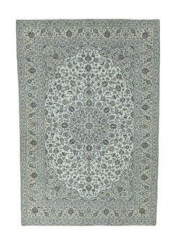Full view of 2000s Kashan rug from Iran / Persia, 366 × 249 cm in Beige tones