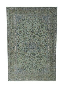 Full view of 2000s Kashan rug from Iran / Persia, 394 × 265 cm in Green tones