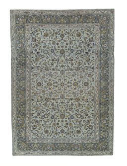 Full view of 2000s Kashan rug from Iran / Persia, 423 × 303 cm in Green tones