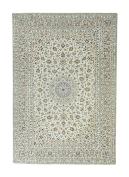 Full view of 2000s Kashan rug from Iran / Persia, 353 × 243 cm in Beige tones