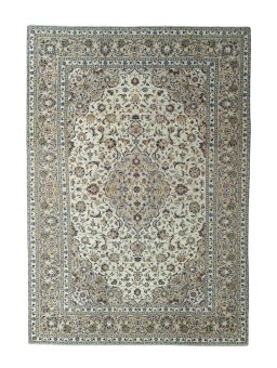 Full view of 2000s Kashan rug from Iran / Persia, 345 × 243 cm in Beige tones
