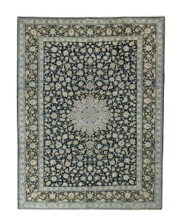 Full view of 2000s Kashan rug from Iran / Persia, 385 × 294 cm in Blue tones