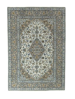 Full view of 2000s Kashan rug from Iran / Persia, 357 × 247 cm in Beige tones