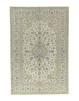 Full view of 2000s Kashan rug from Iran / Persia, 300 × 201 cm in Beige tones