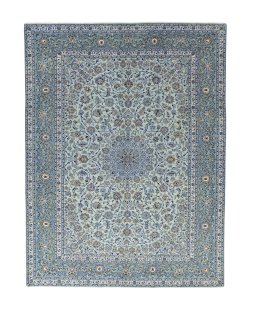 Full view of 2000s Kashan rug from Iran / Persia, 388 × 295 cm in Green tones