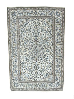 Full view of 2000s Kashan rug from Iran / Persia, 295 × 198 cm in Beige tones