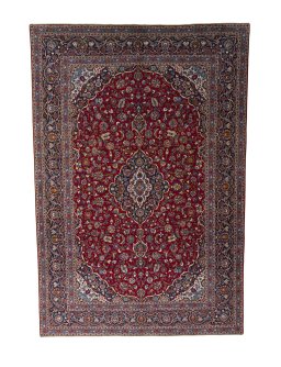 Full view of 1970s Kashan rug from Iran / Persia, 428 × 294 cm in Red tones