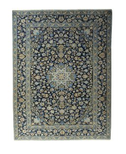 Full view of 2000s Kashan rug from Iran / Persia, 365 × 275 cm in Blue tones