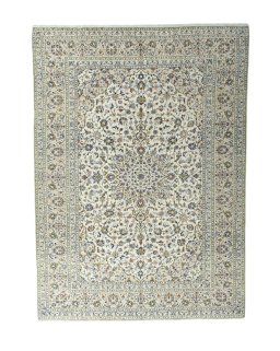 Full view of 2000s Kashan rug from Iran / Persia, 350 × 252 cm in Beige tones