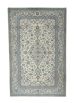 Full view of 2000s Kashan rug from Iran / Persia, 297 × 195 cm in Beige tones