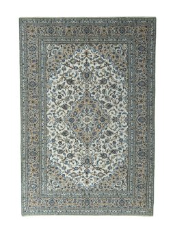 Full view of 2000s Kashan rug from Iran / Persia, 360 × 246 cm in Beige tones