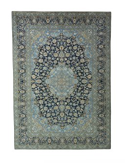 Full view of 2000s Kashan rug from Iran / Persia, 416 × 297 cm in Blue tones