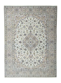 Full view of 2000s Kashan rug from Iran / Persia, 403 × 296 cm in Beige tones