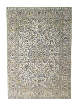 Full view of 2000s Kashan rug from Iran / Persia, 352 × 247 cm in Beige tones