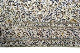 Full view of 2000s Kashan rug from Iran / Persia, 352 × 247 cm in Beige tones