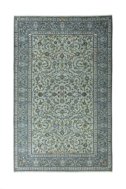 Full view of 2000s Kashan rug from Iran / Persia, 388 × 247 cm in Green tones