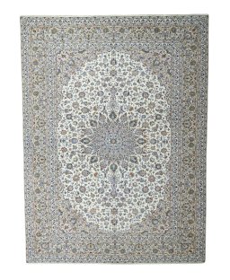 Full view of 2000s Kashan rug from Iran / Persia, 403 × 298 cm in Beige tones