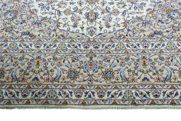 Full view of 2000s Kashan rug from Iran / Persia, 403 × 298 cm in Beige tones