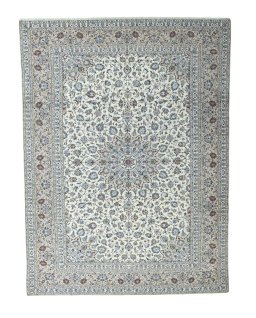 Full view of 2000s Kashan rug from Iran / Persia, 390 × 291 cm in Beige tones
