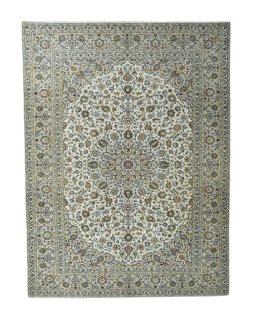 Full view of 2000s Kashan rug from Iran / Persia, 402 × 302 cm in Beige tones